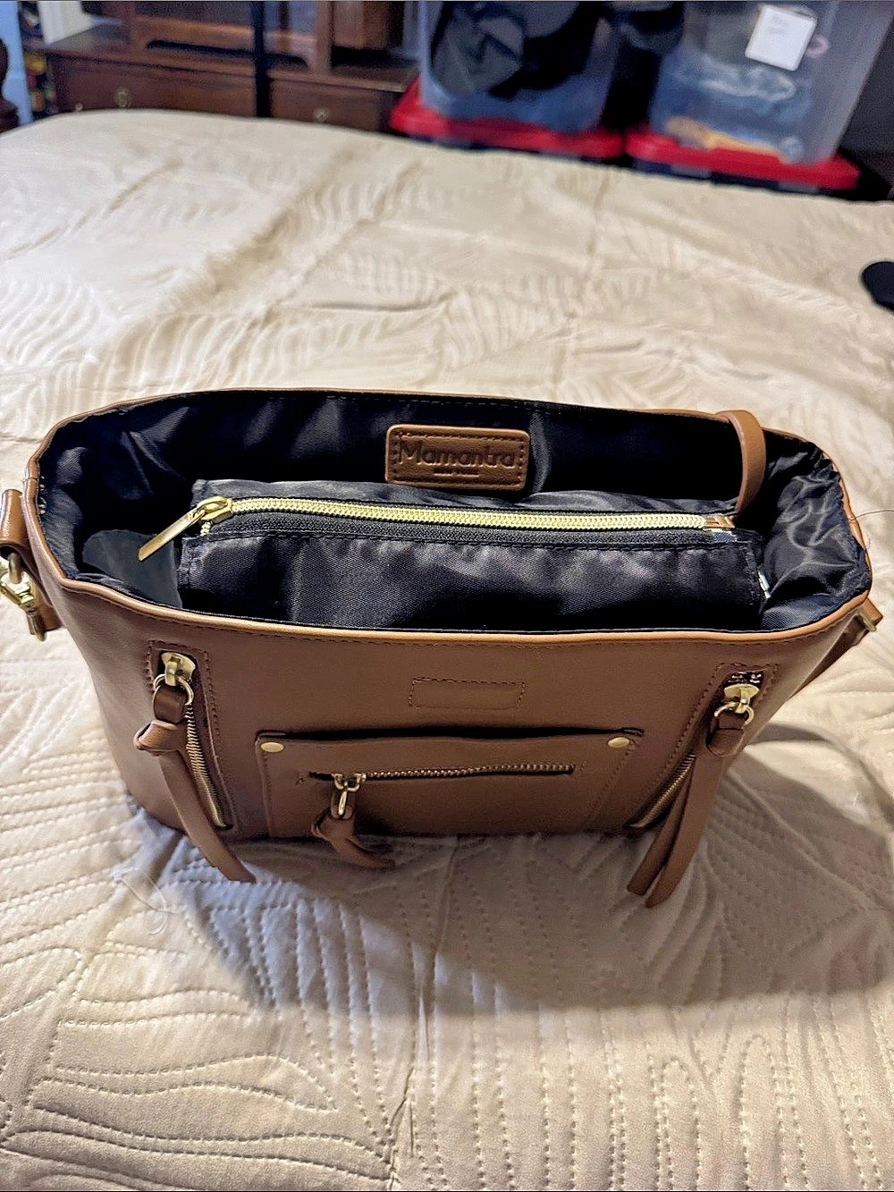 Mamantra Elegant Tan Vegan Leather Micro Diaper, Stroller Bag & Purse